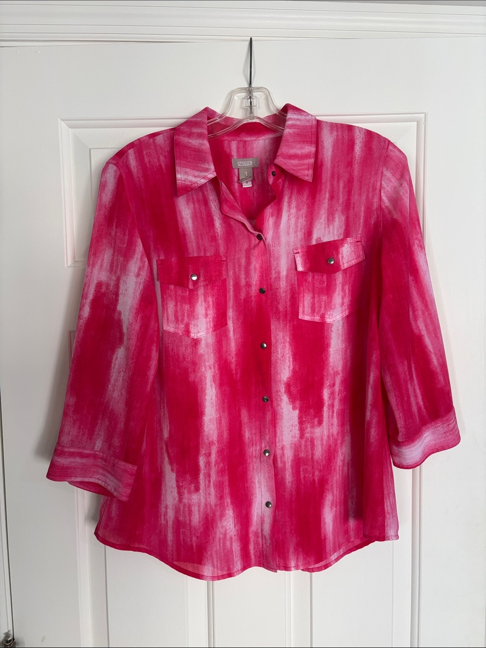 Chico's Pink and White button-up (snaps) blouse - Chico's size 1 (medium)